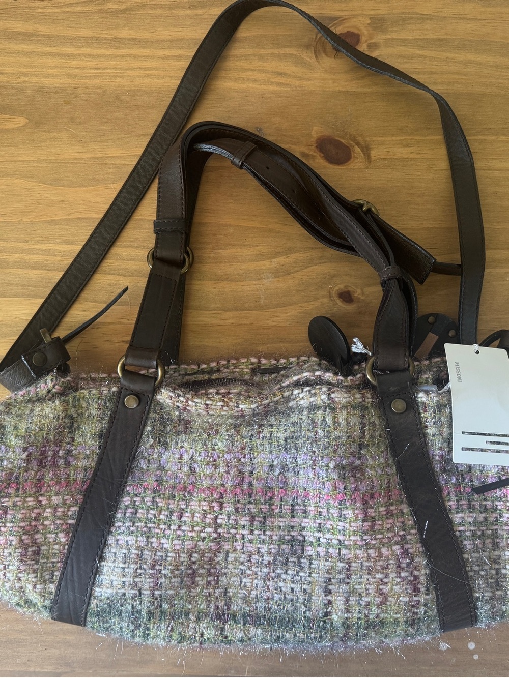 Missoni Tweed Shoulder Bag with Brown Leather Straps - Pink & Green